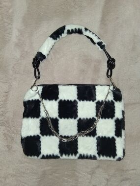 Black and White Checkered Plush Shoulder Bag - Women's Fashion Handbag